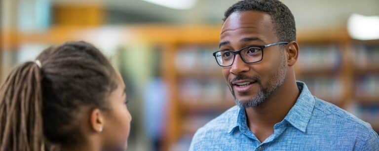 A person in glasses talks to another person with a blurred library background.