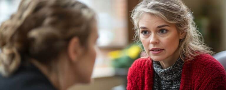 Two women in a serious discussion, one with a red sweater and the other facing away, in a cozy indoor setting.
