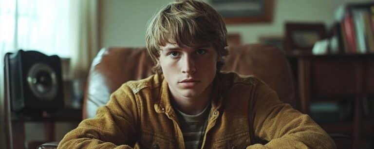 A person with medium-length hair sits on a couch, wearing a brown jacket and looking directly at the camera.