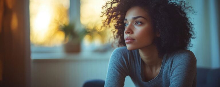 Woman with curly hair gazing thoughtfully out a window with warm, soft lighting.