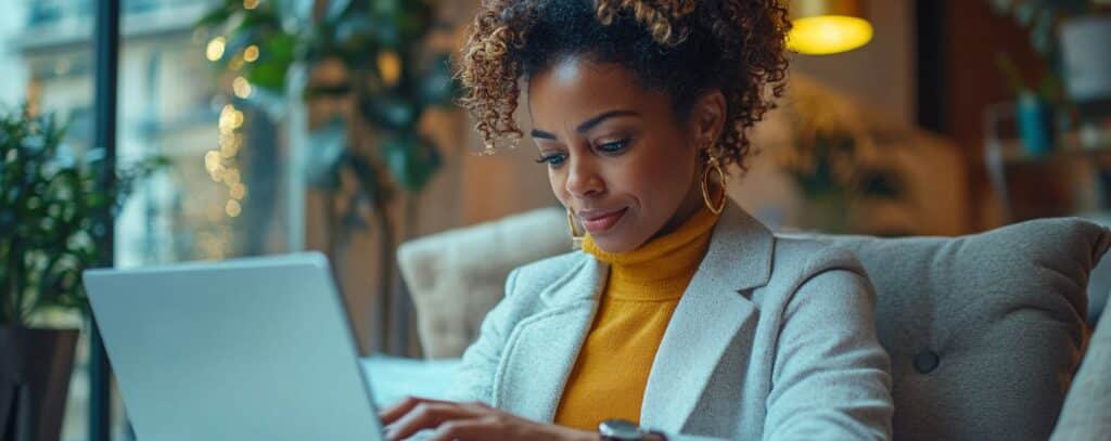 A woman in a beige blazer and yellow turtleneck working on a laptop in a cozy, well-lit room.