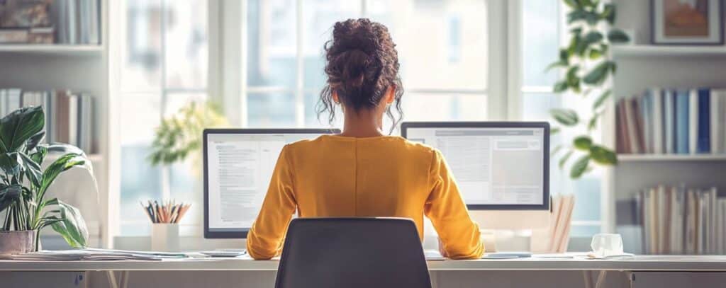 Woman in a yellow shirt works at a desk with dual monitors, surrounded by plants and books, in a bright office.