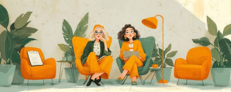Two women sit on orange chairs in a modern office with plants, one holding a tablet and the other wearing glasses.