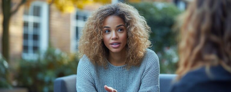 A woman with curly hair in a gray sweater sits outdoors, talking to another person.