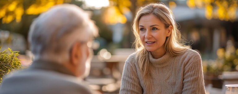 A woman in a sweater talks to an older man outdoors on a sunny day.