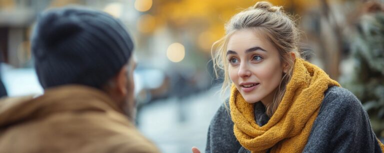 Woman in a yellow scarf talking to a man in a beanie on a city street with blurred autumn trees in the background.