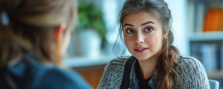 Woman with long hair and a sweater talking to another person in a brightly lit room.