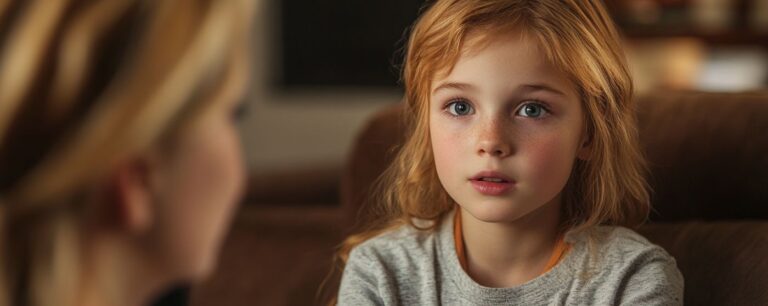 A young child with long red hair and a gray sweater gazes intently at an unseen person in a cozy indoor setting.