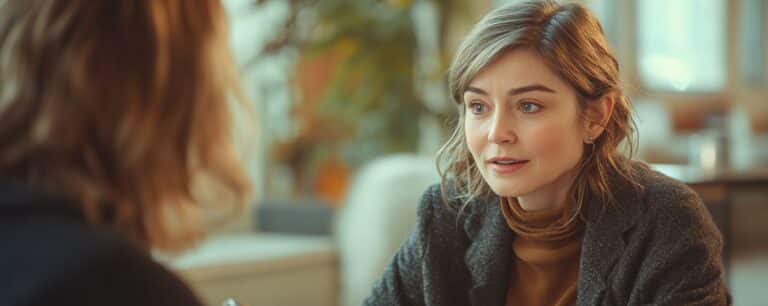 Two people having a conversation in a cozy indoor setting, with plants in the background.