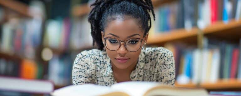Woman reading a book in a library, with shelves of books in the background.