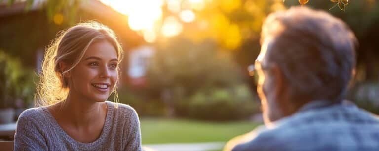 A woman smiling at an older man while sitting outdoors, with sunlight filtering through the trees.