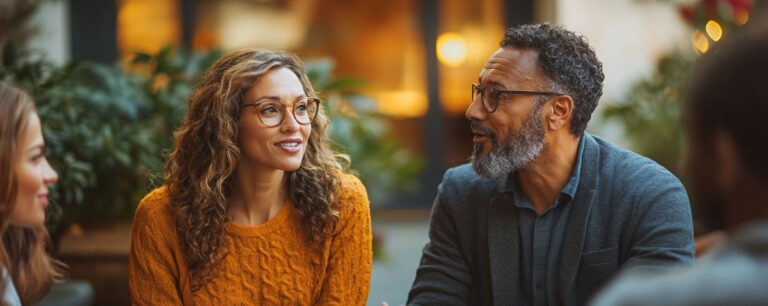 Two people sitting at a table, talking and smiling, surrounded by plants.