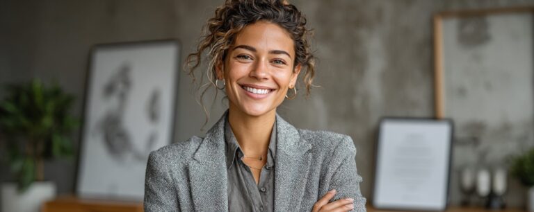 Confident woman with curly hair smiling, wearing a blazer, standing in a modern office setting.