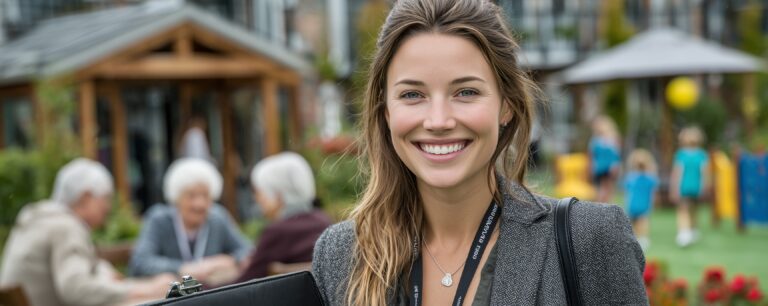 Smiling woman with a briefcase outdoors, with elderly people and children in the background.