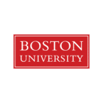 Boston University logo with white text on a red rectangular background.