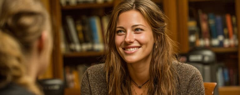 A woman with long brown hair smiles while talking to someone in a library.