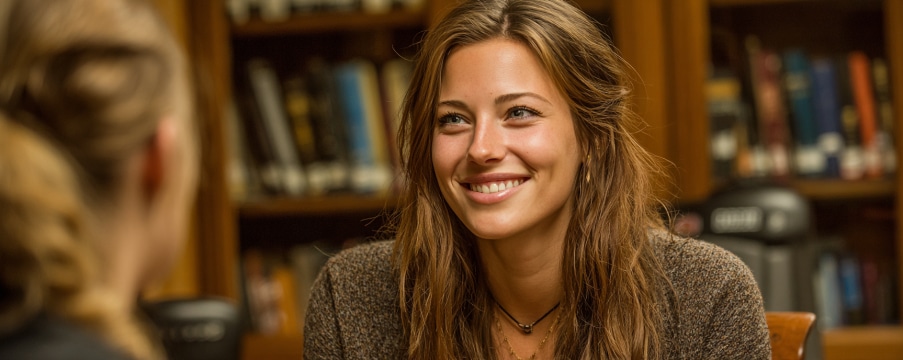 A woman with long brown hair smiles while talking to someone in a library.
