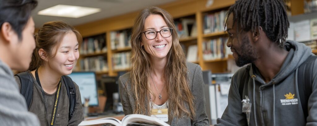 Four students sit together in a library, smiling and talking while looking at an open book.