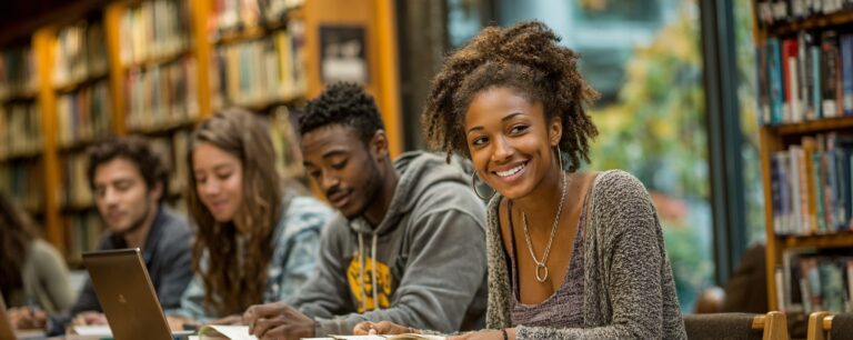 Four students sit at a library table studying, with one woman in the foreground smiling at the camera.