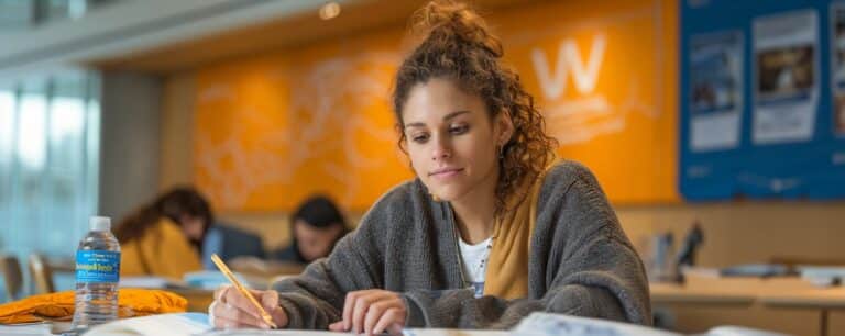 Young woman with curly hair studying at a desk with books and a water bottle in a bright, modern room.