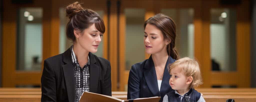 Two women sit in a courtroom with a young child, looking at a document together.