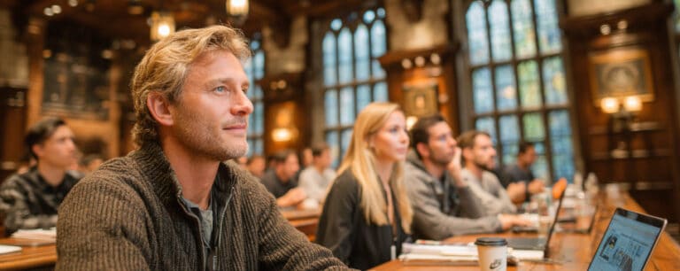 Students attentively listen in a grand, wood-paneled lecture hall with large windows and laptops open.