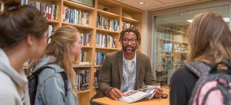 A man talks to three students in a library, holding an open book at a table surrounded by bookshelves.