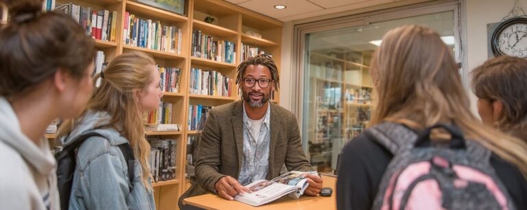A teacher sits at a desk with an open book, talking to four students in a library.