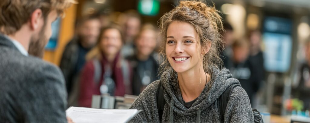 A smiling young woman in a hoodie talks to a man indoors, with people blurred in the background.
