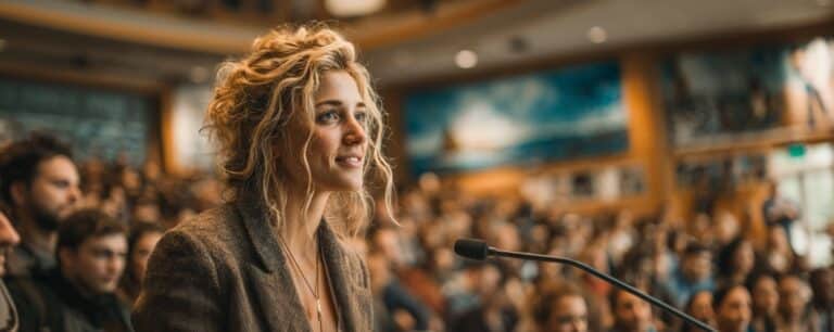 A woman speaks confidently at a microphone in front of a large, attentive audience in an auditorium.
