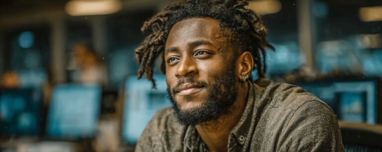 Man with a beard and dreadlocks smiling, sitting indoors with blurred computer screens in the background.