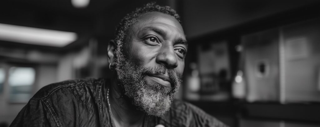 A thoughtful older man with a beard sits indoors, looking slightly away, in soft black-and-white lighting.