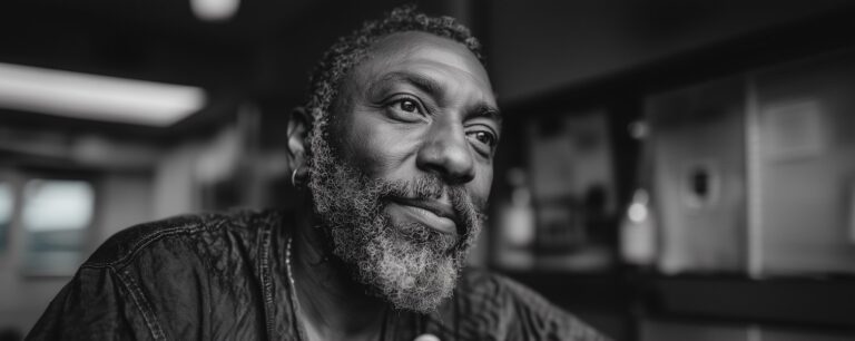 A thoughtful older man with a beard sits indoors, looking slightly away, in soft black-and-white lighting.