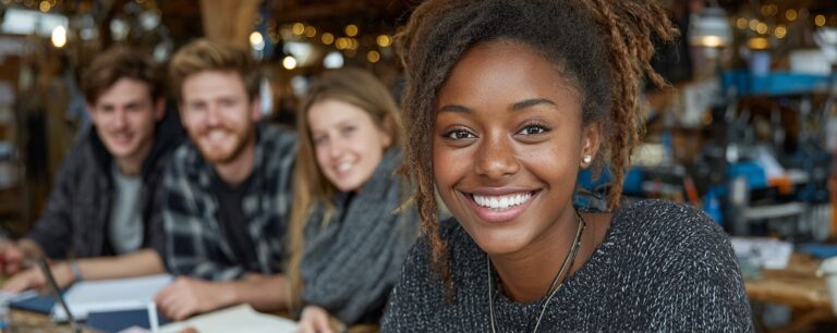 Four young adults sitting at a table, smiling, with one woman in focus in the foreground.