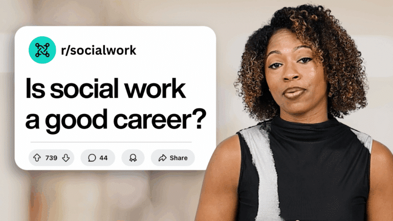A LMSW stands next to a sign that reads, Is social work a good career?.
