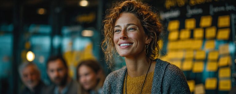 Smiling woman in a business setting with yellow sticky notes on a glass wall behind her.