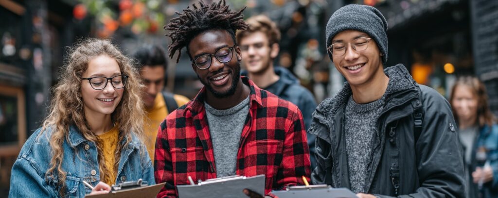 Three smiling students outdoors, holding clipboards and writing, with others in the background.