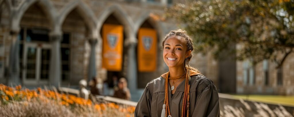 Smiling graduate in regalia stands outside a university building with orange banners and flowers.