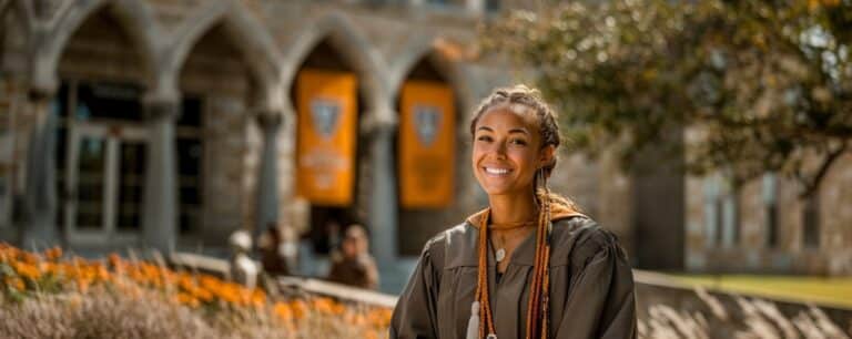 Smiling graduate in regalia stands outside a university building with orange banners and flowers.