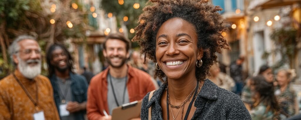 Smiling woman in focus at an outdoor gathering, with people and string lights in the background.