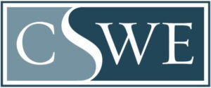 CSWE logo with white letters on a blue and gray rectangular background.