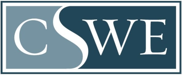 CSWE Logo CSWE logo with white letters on a blue and gray rectangular background.