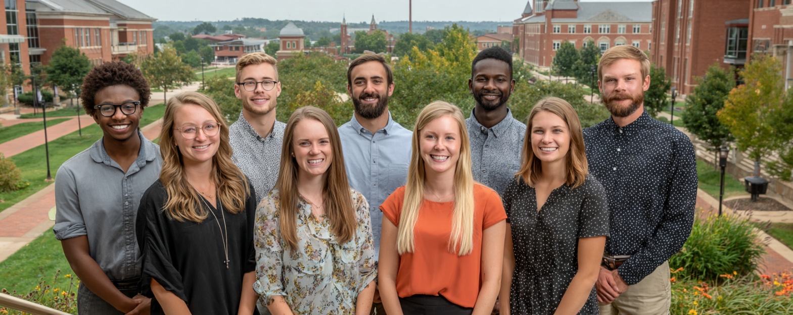 Nine young students smiling and posing outdoors on a college campus, with buildings and greenery in the background.