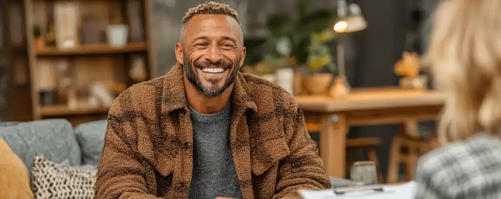 Smiling man in a brown fleece jacket sits indoors, facing a person holding a clipboard.