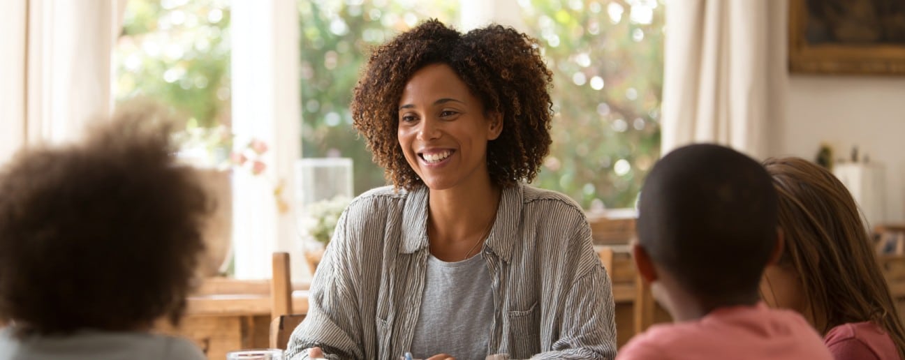 A smiling woman sits at a table with three children in a bright, sunlit room.