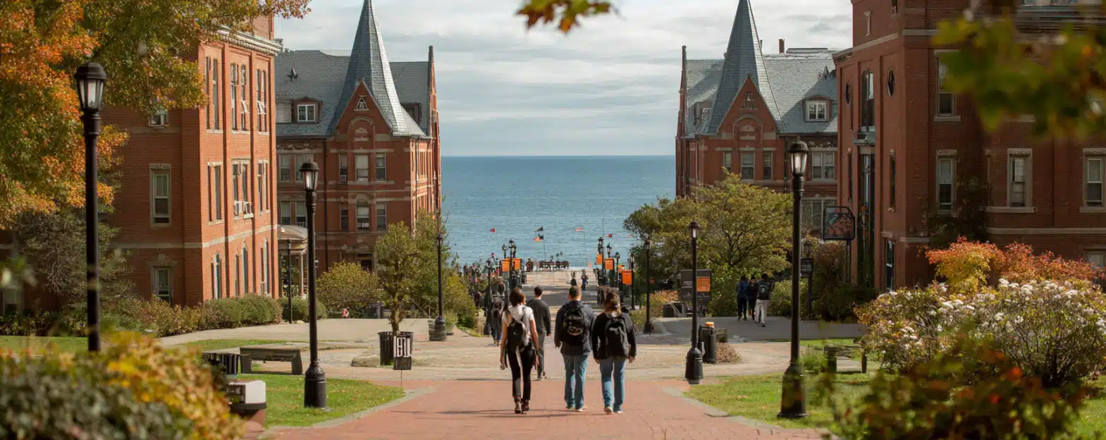 Three students walk on a path between campus buildings toward a lake.