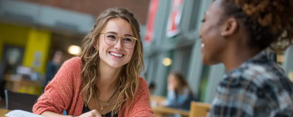 Two young women sit at a table indoors, smiling and talking, with books and papers in front of them.