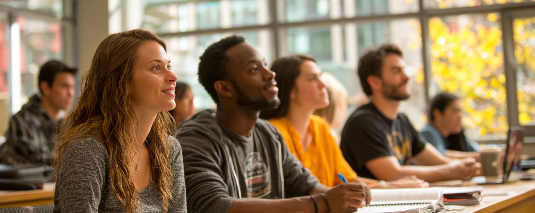 Students sitting at desks in a classroom, attentively listening and taking notes near large windows.