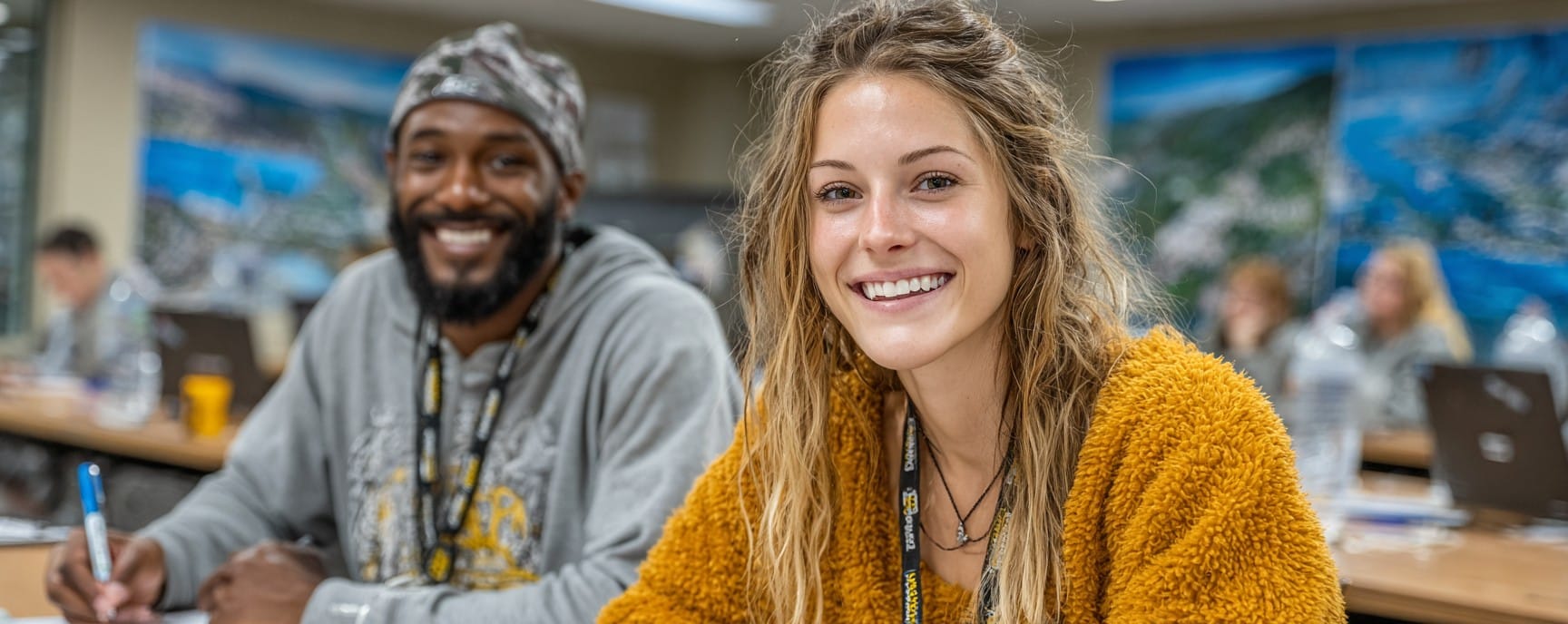 Two students smiling at a classroom desk with notebooks and laptops in the background.