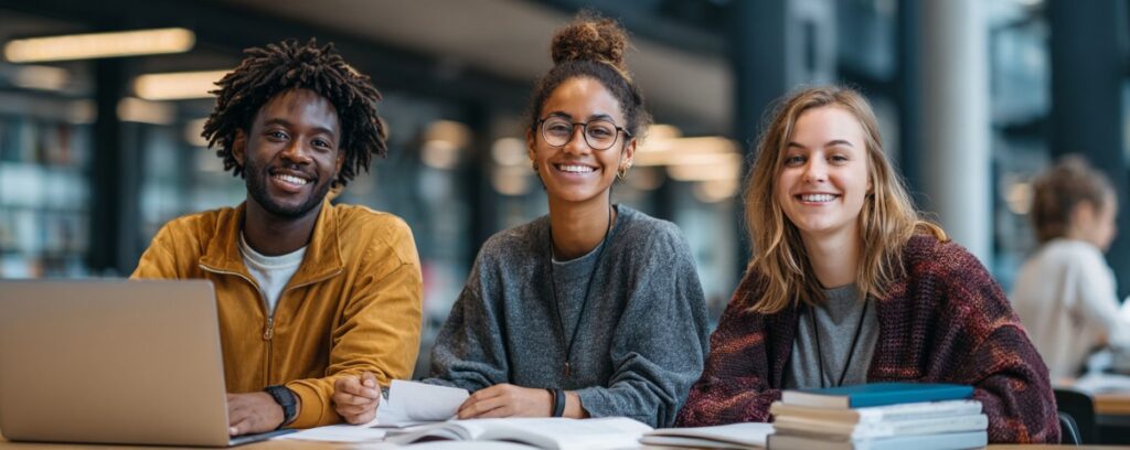 Three smiling students sit together at a table with books and a laptop in a library or study area.